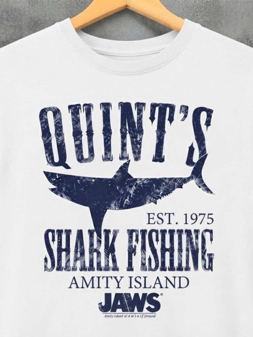 Quint's Shark Fishing Graphic Tee - White with Navy Print - Picture 2 of 2